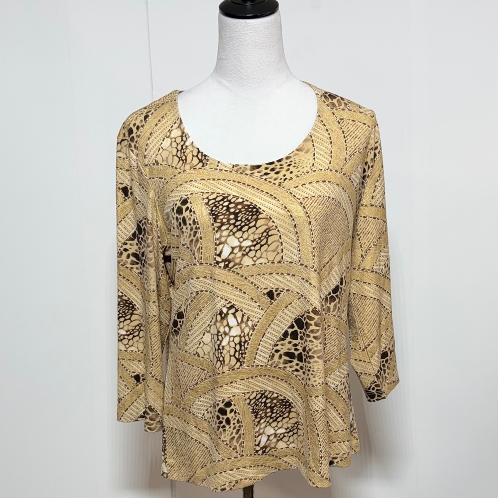 Chicos Top Women Size Large 2 Gold Brown Metallic 3/4 Sleeve Stretch Pullover - Picture 2 of 7